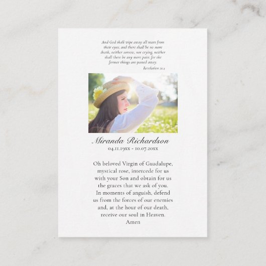 グアダルーペの私たちの女性の写真葬儀祈りの言葉カード プレイスカード (裏面)