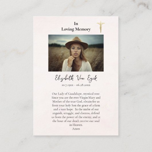グアダルーペの私たちの女性の葬儀祈りの言葉カード プレイスカード (裏面)