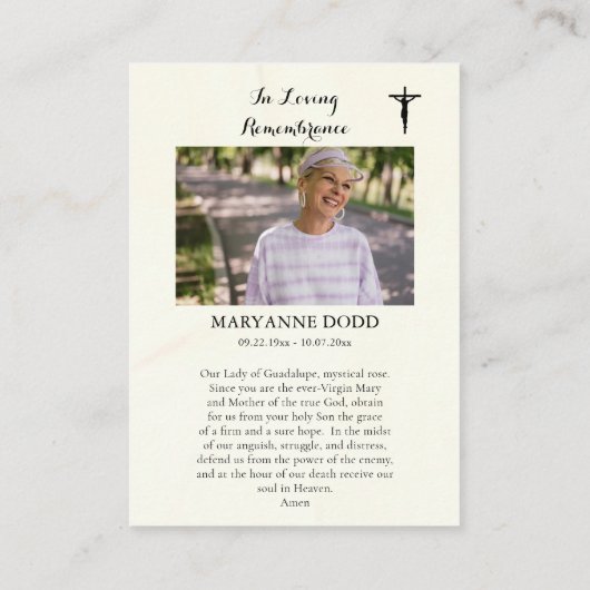グアダルーペの私たちの女性の葬儀祈りの言葉カード プレイスカード (裏面)