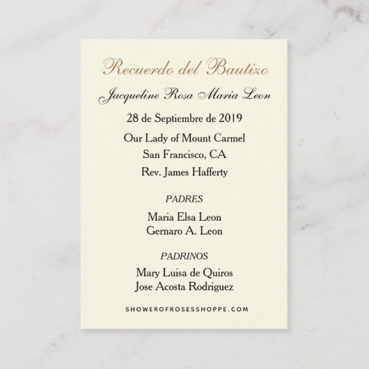 グアダルーペスペインのバプテスマ 名刺 (裏面)