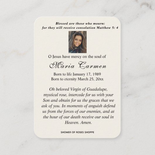 グアダルーペスペインのメアリー葬儀祈りの言葉ホリーカード プレイスカード (裏面)