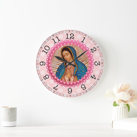 グアダルーペピンクのバラの我々の女性 ラージ壁時計 (ホーム)