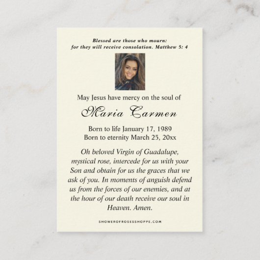 グアダルーペヴァージンメアリー葬祭記念祈りの言葉 プレイスカード (裏面)