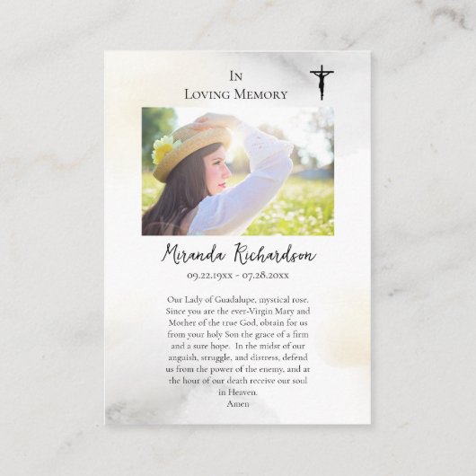 グアダルーペ葬儀記念祈りの言葉カードの私たちの女性 プレイスカード (裏面)