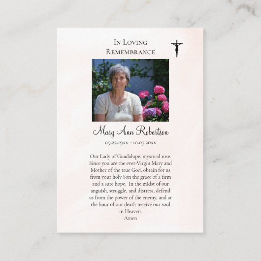 グアダルーペ葬儀記念祈りの言葉カードの私たちの女性 プレイスカード (裏面)