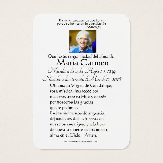 グアダルーペ葬式スペインの聖祈りの言葉 (裏面)