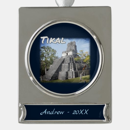 グアテマラ遺跡の寺院 シルバープレートバナーオーナメント (正面)