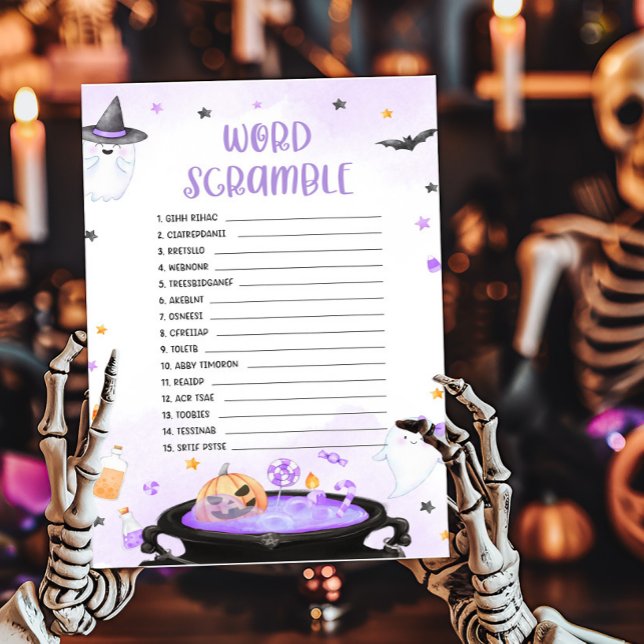 グウルハロウィーンベイビーシャワーワードスクランブルゲーム (Purple Oh Sheet Baby Shower Word Scramble Game)