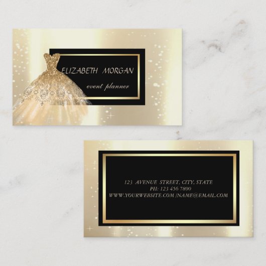 グエレガントラモモダンハウス，金ゴールドグリッタードレス 名刺 (正面/裏面)