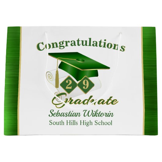 グクラシックリーン金ゴールドのパーソナライズされた卒業 ラージペーパーバッグ (正面)
