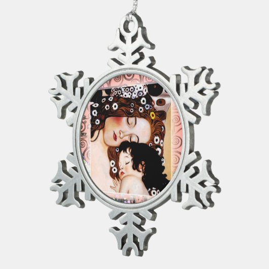 グスタフのクリムトのコラージュによる母そして子供 スノーフレークピューターオーナメント (右)