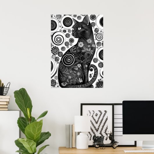 グスタフインスパイアクリムト白黒猫ポスター ポスター (ホームオフィス)