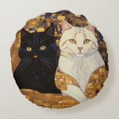 グスタフインスパイアクリムト2匹の猫がベッドに ラウンドクッション (裏面)