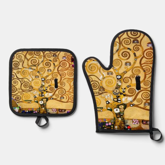 グスタフクリムトツリーの生活:アールヌーボー象徴主義 鍋つかみ&鍋敷きセット (正面)