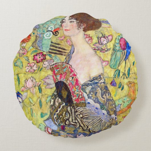 グスタフクリムトヴィンテージ・ジャポニズムによるファンの女性 ラウンドクッション (裏面)