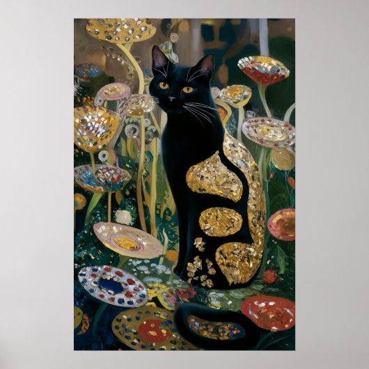 グスタフクリムト黒猫の花の庭、猫芸術 ポスター (正面)