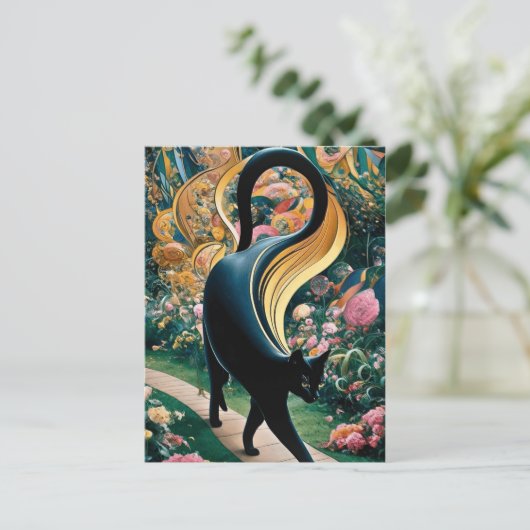 グスタフクリムト黒猫の花の庭、猫芸術 ポストカード (スタンド正面)