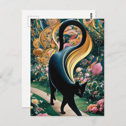グスタフクリムト黒猫の花の庭、猫芸術 ポストカード (正面/裏面)