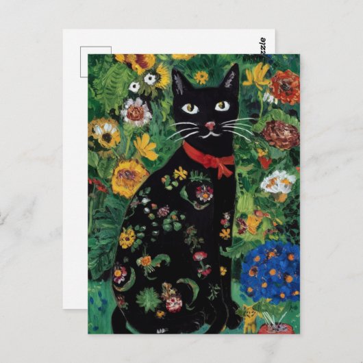 グスタフクリムト黒猫の花の庭、猫芸術 ポストカード (正面/裏面)