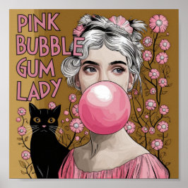 グスタフ・クリムトのピンクの風船ガムの女性と黒猫 ポスター