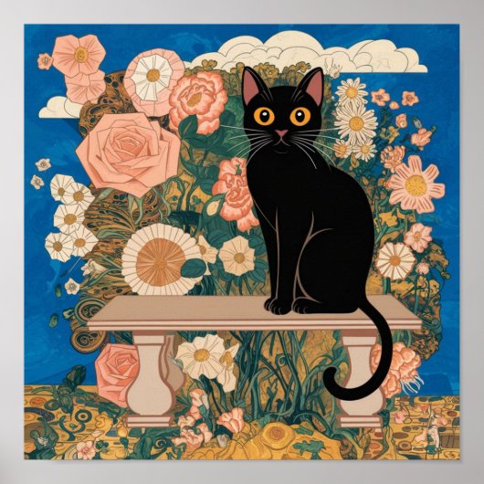 グスタフ・クリムトの花と黒猫のオルタナティブなヴィンテージアート ポスター (正面)