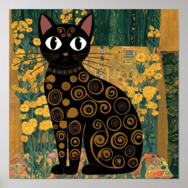 グスタフ・クリムトの花と黒猫のオルタナティブアート ポスター