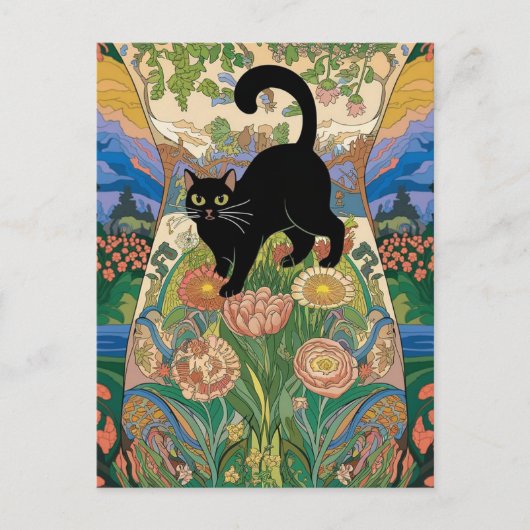 グスタフ・クリムトの花と黒猫のオルタナティブアート ポストカード (正面)