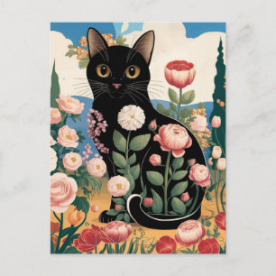 グスタフ・クリムトの花と黒猫のモダン・エクレクティックアート ポストカード