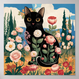 グスタフ・クリムトの花と黒猫 モダン・エクレクティックアート ポスター