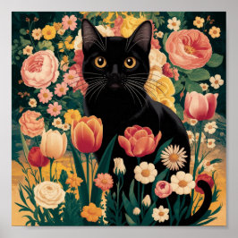 グスタフ・クリムトの花と黒猫、ヴィンテージ・エクリュスタイ ポスター