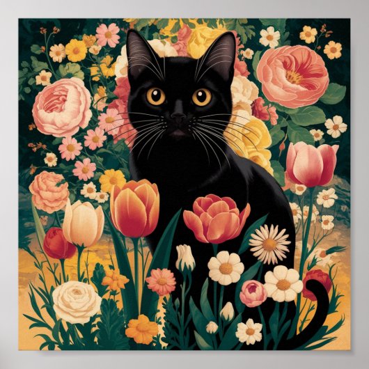 グスタフ・クリムトの花と黒猫、ヴィンテージ・エクリュスタイ ポスター (正面)