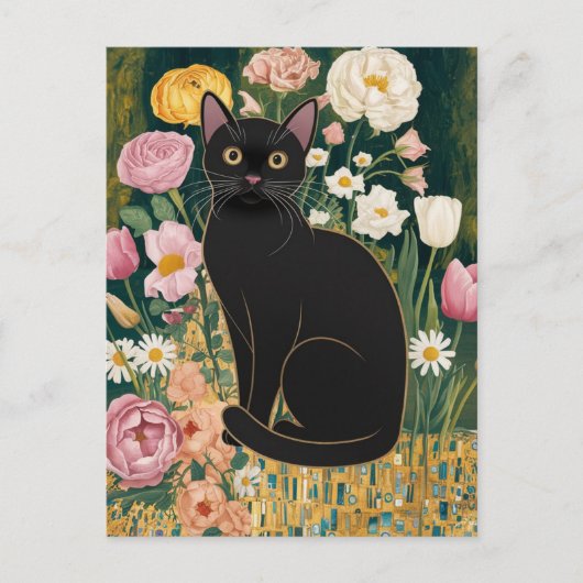 グスタフ・クリムトの黒猫の花園、猫アート ポストカード (正面)