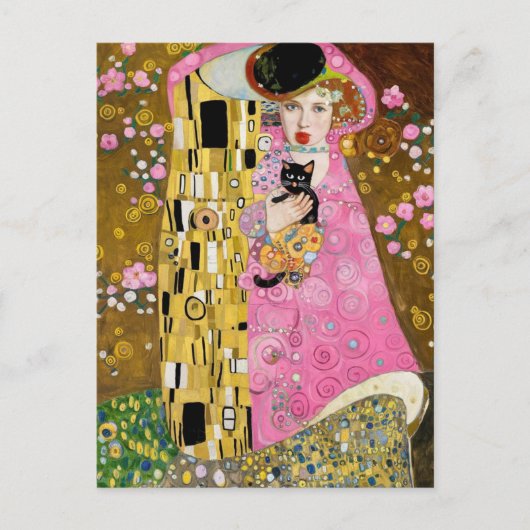 グスタフ・クリムト風のピンクの風船ガムの女性と猫の芸術 ポストカード (正面)