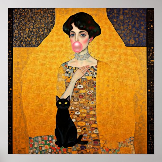 グスタフ・クリムト風のピンクの風船ガムの女性と黒猫 ポスター (正面)