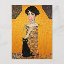 グスタフ・クリムト風のピンクの風船ガムの女性と黒猫