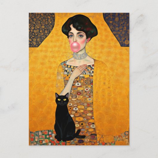グスタフ・クリムト風のピンクの風船ガムの女性と黒猫 ポストカード (正面)