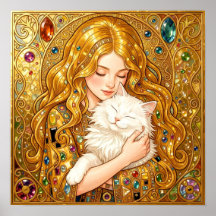 グスタフ・クリムト風の猫と少女の可愛いアール・ヌーヴォーアート