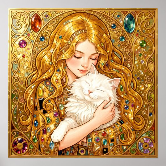 グスタフ・クリムト風の猫と少女の可愛いアール・ヌーヴォーアート ポスター (正面)