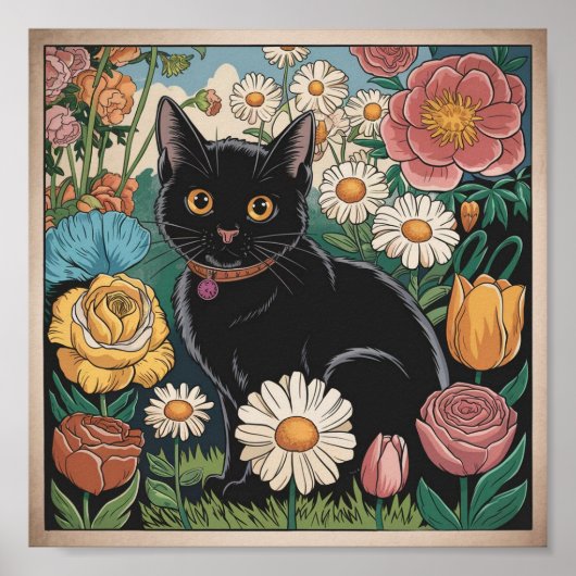 グスタフ・クリムト 黒猫の花園、猫アート ポスター (正面)