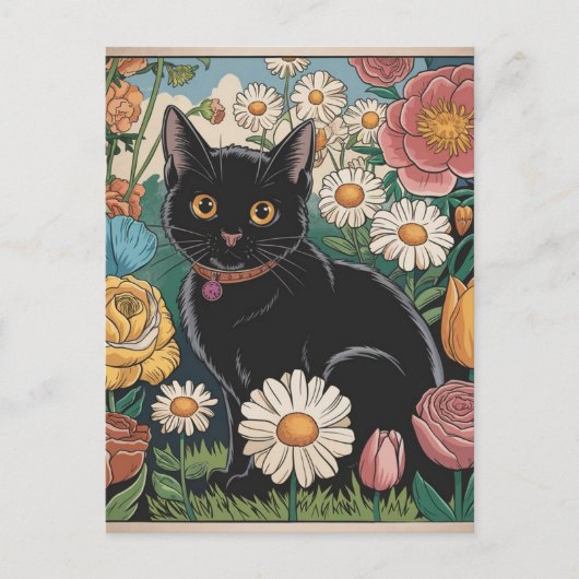 グスタフ・クリムト 黒猫の花園、猫アート ポストカード (正面)