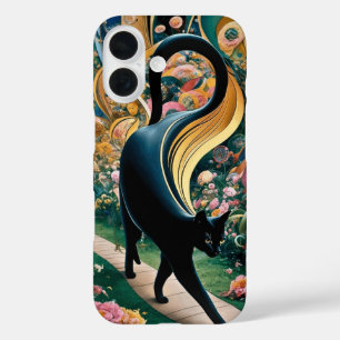 グスタフ・クリムト 黒猫の花園、猫アート iPhone 16ケース