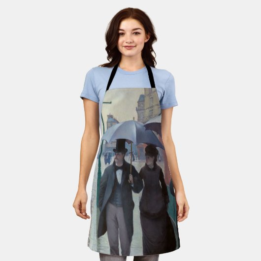 グスタヴカイレボッテ – パリ通り; Rainy Day エプロン (着用した状態)