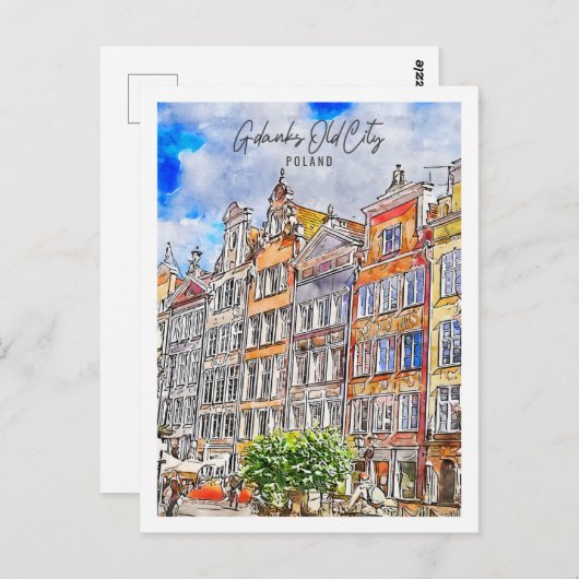 グダンクスオールドシティポーランドトラベルプレイスウォーターカラー ポストカード (正面/裏面)