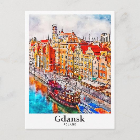 グダンスクポーランド旅行水の色の手描き ポストカード (正面)