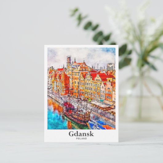 グダンスクポーランド旅行水の色の手描き ポストカード (スタンド正面)