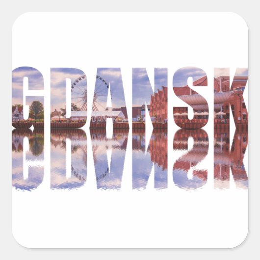 グダンスク文字と旧市街の景色と反射 スクエアシール (正面)