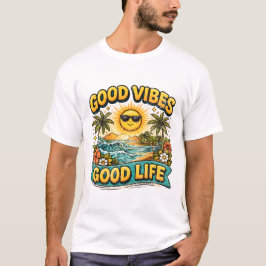 グッドバイブス グッドライフ トロピカルビーチアート Tシャツ