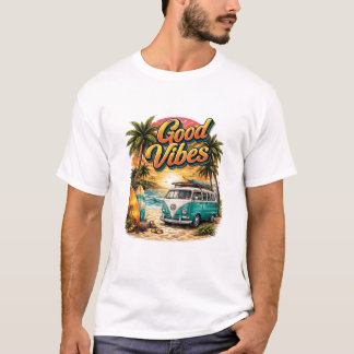 グッドバイブス レトロ ビーチバン Tシャツ | 夏 サーフィン