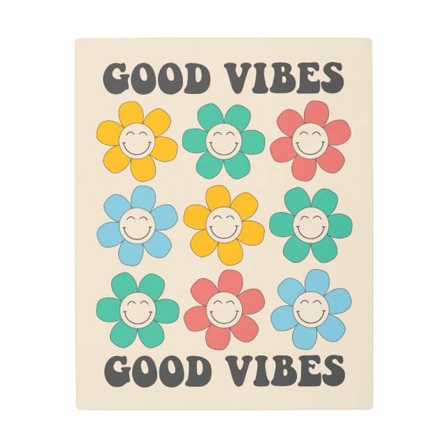 グッドビベスレトロカラフルデイジー花 メタルプリント (正面)