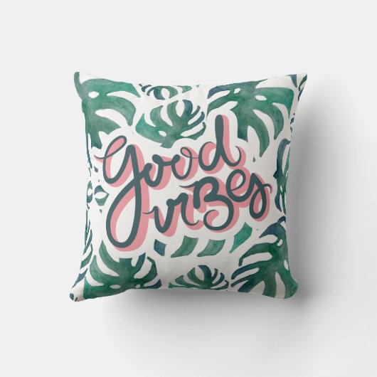 グッドビベス引用文タイポグラフィトロピカルリーフピロー クッション (裏面)